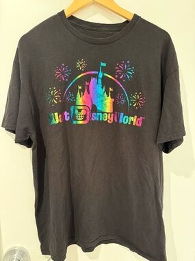 Disney Black Tee with Rainbow Castle & Fireworks Graphic